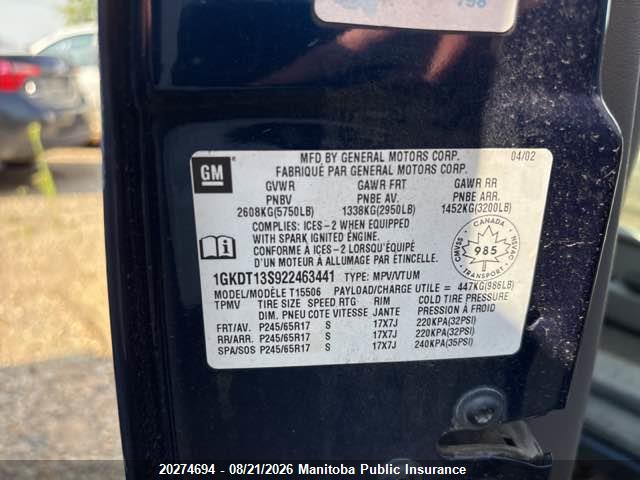 Aukcja sprzedaży 2002 Gmc Envoy Sle, vin: 1GKDT13S922463441, numer aukcji: 20274694