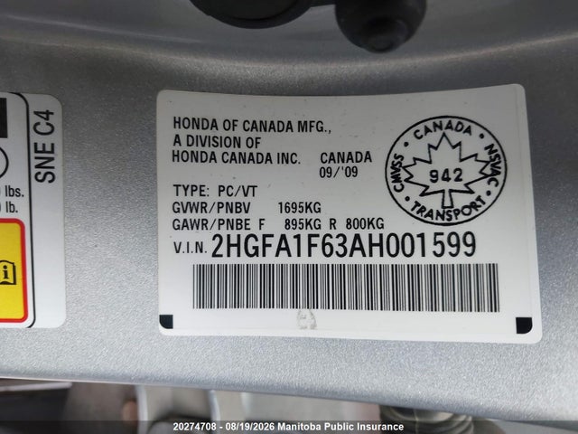 20274708 :رقم المزاد ، 2HGFA1F63AH001599 vin ، 2010 Honda Civic Sport مزاد بيع