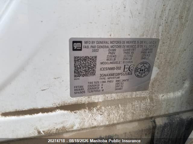 Aukcja sprzedaży 2023 Chevrolet Equinox Rs Rs, vin: 3GNAXWEG8PS121815, numer aukcji: 20274718