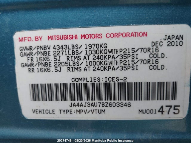 Aukcja sprzedaży 2011 Mitsubishi Rvr Se, vin: JA4AJ3AU7BZ603346, numer aukcji: 20274746