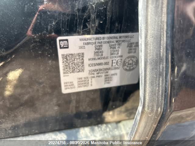 Aukcja sprzedaży 2022 Chevrolet Suburban Ls, vin: 1GNSKBKD0NR115982, numer aukcji: 20274758