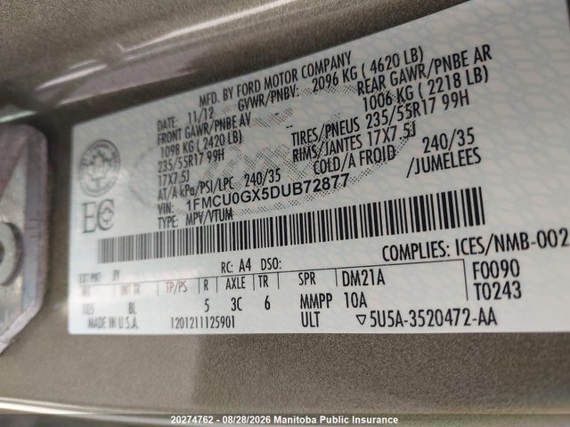 Aukcja sprzedaży 2013 Ford Escape Se, vin: 1FMCU0GX5DUB72877, numer aukcji: 20274762