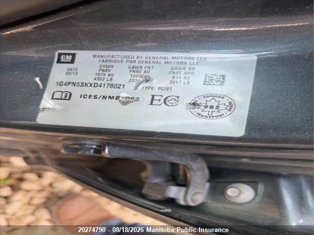 20274790 :رقم المزاد ، 1G4PN5SKXD4178021 vin ، 2013 Buick Verano مزاد بيع