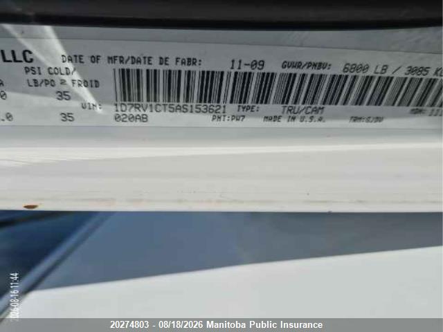 20274803 :رقم المزاد ، 1D7RV1CT5AS153621 vin ، 2010 Dodge Ram 1500 Laramie Crew Cab مزاد بيع