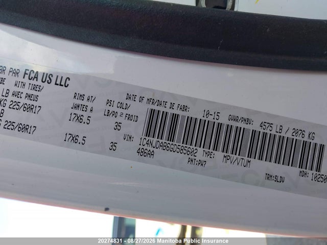 2016 Jeep Compass Sport მანქანა იყიდება აუქციონზე, vin: 1C4NJDAB6GD585602, აუქციონის ნომერი: 20274831