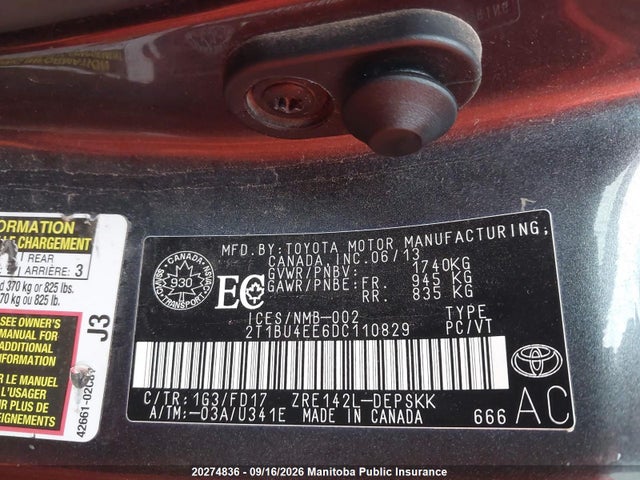 Aukcja sprzedaży 2013 Toyota Corolla S, vin: 2T1BU4EE6DC110829, numer aukcji: 20274836