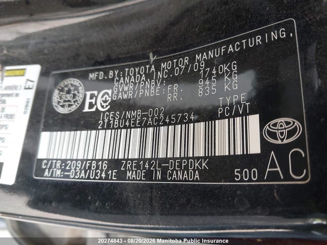 2010 Toyota Corolla Ce მანქანა იყიდება აუქციონზე, vin: 2T1BU4EE7AC245734, აუქციონის ნომერი: 20274843