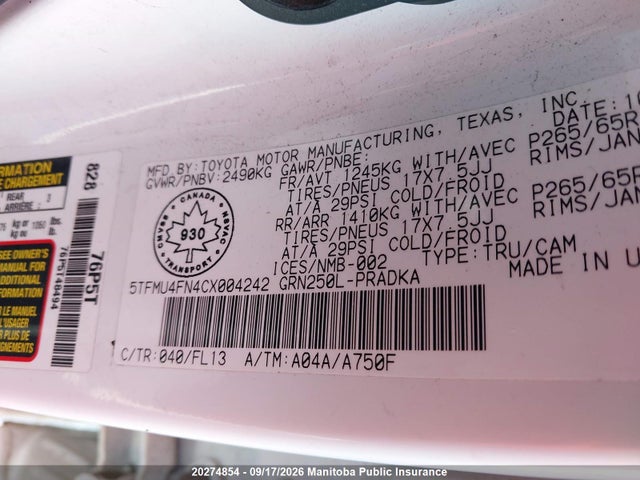 Aukcja sprzedaży 2012 Toyota Tacoma Double Cab V6, vin: 5TFMU4FN4CX004242, numer aukcji: 20274854