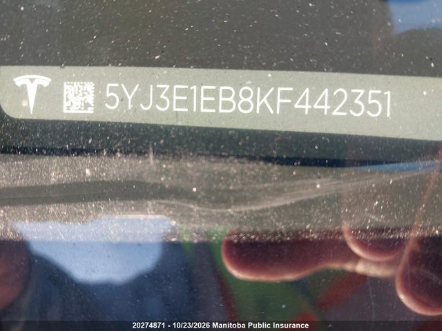 2019 Tesla Model 3 Long Range 75d მანქანა იყიდება აუქციონზე, vin: 5YJ3E1EB8KF442351, აუქციონის ნომერი: 20274871