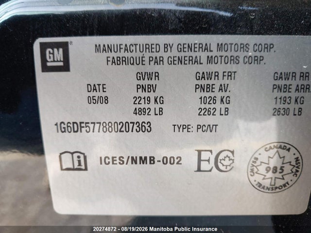 Aukcja sprzedaży 2008 Cadillac Cts 3.6l, vin: 1G6DF577880207363, numer aukcji: 20274872