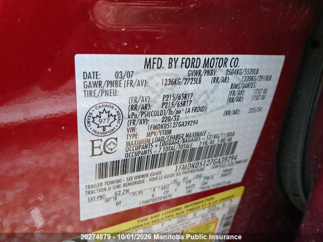 20274879 :رقم المزاد ، 1FMDK05127GA39294 vin ، 2007 Ford Freestyle Sel مزاد بيع