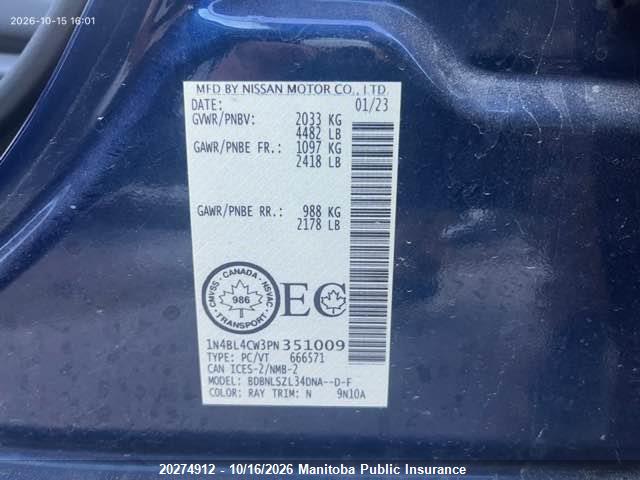 Nissan Altima 2.5 Sr 2023 1N4BL4CW3PN351009 Image 9