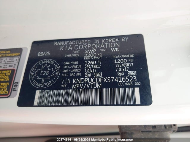 Aukcja sprzedaży 2025 Kia Sportage Lx, vin: KNDPUCDFXS7416523, numer aukcji: 20274916