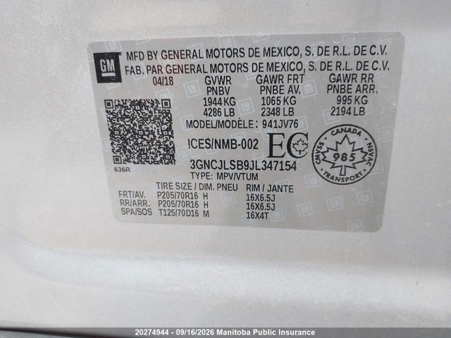 3GNCJLSB9JL347154 Chevrolet Trax Lt