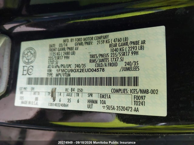 1FMCU9GX2EUD04578 Ford ESCAPE SE