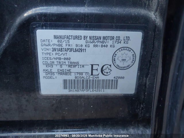 3N1AB7AP3FL642911 Nissan Sentra 1.8 S