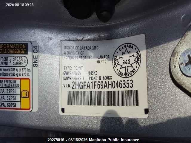 Продажа на аукционе авто 2010 Honda Civic Lx, vin: 2HGFA1F69AH046353, номер лота: 20275016