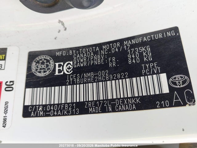Toyota COROLLA CE 2017 2T1BURHE2HC892822 Image 9