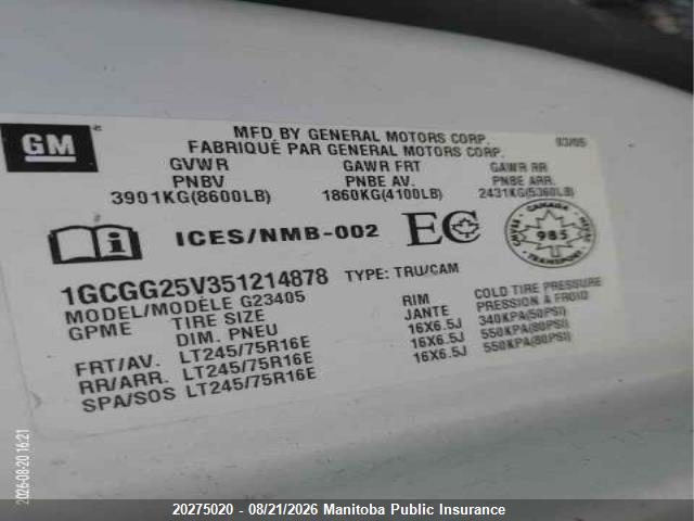 2005 Chevrolet Express 2500 Cargo Van მანქანა იყიდება აუქციონზე, vin: 1GCGG25V351214878, აუქციონის ნომერი: 20275020