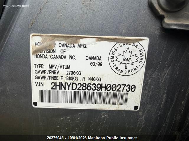 Auction sale of the 2009 Acura Mdx, vin: 2HNYD28639H002730, lot number: 20275045
