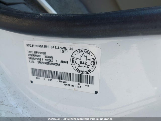 20275046 :رقم المزاد ، 5FNRL38698B500308 vin ، 2008 Honda Odyssey Ex-l مزاد بيع
