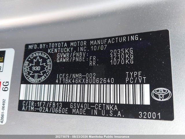 2008 Toyota Camry Le V6 მანქანა იყიდება აუქციონზე, vin: 4T1BK46KX8U062640, აუქციონის ნომერი: 20275079