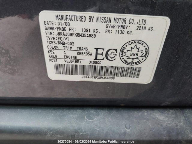 20275084 :رقم المزاد ، JNKAJ09FX8M354989 vin ، 2008 Infiniti Ex35 مزاد بيع