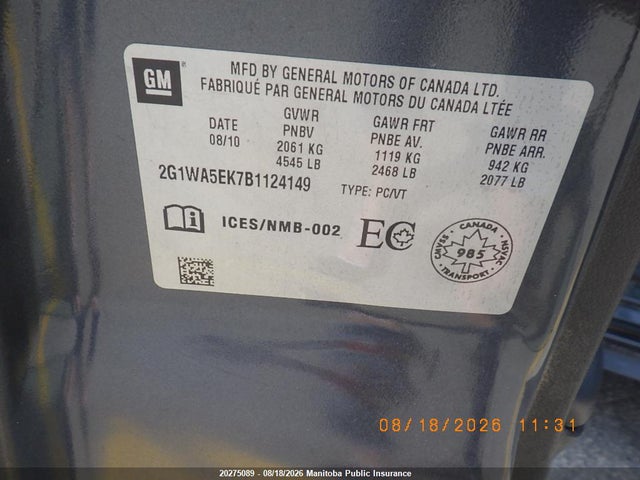 20275089 :رقم المزاد ، 2G1WA5EK7B1124149 vin ، 2011 Chevrolet Impala Ls V6 مزاد بيع