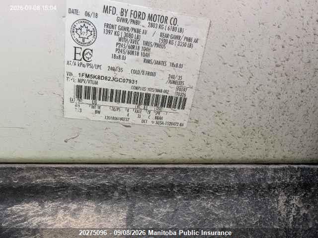 1FM5K8D82JGC07931 Ford EXPLORER XLT