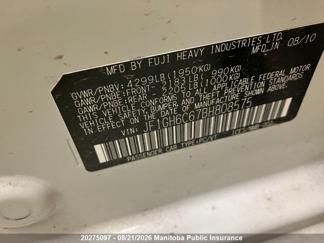 20275097 :رقم المزاد ، JF1GH6C67BH808575 vin ، 2011 Subaru Impreza 2.5i مزاد بيع