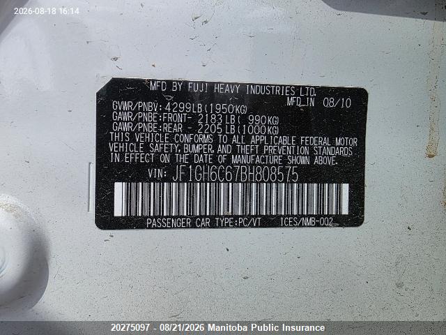 20275097 :رقم المزاد ، JF1GH6C67BH808575 vin ، 2011 Subaru Impreza 2.5i مزاد بيع