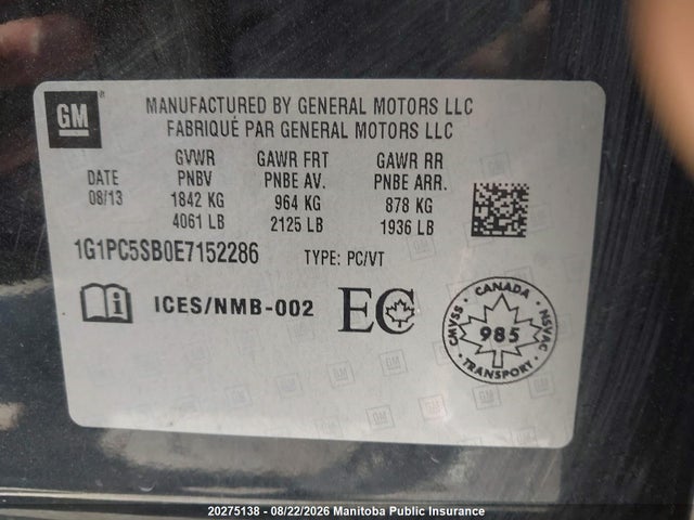 1G1PC5SB0E7152286 Chevrolet Cruze Lt Turbo