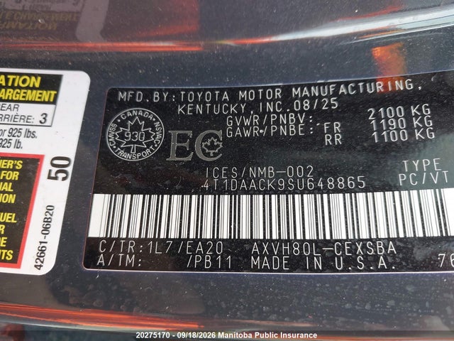 Aukcja sprzedaży 2025 Toyota Camry Se Hybrid, vin: 4T1DAACK9SU648865, numer aukcji: 20275170