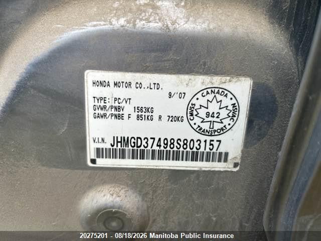 2008 Honda Fit Lx მანქანა იყიდება აუქციონზე, vin: JHMGD37498S803157, აუქციონის ნომერი: 20275201