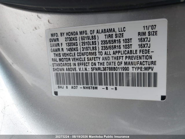 Продаж на аукціоні авто 2008 Honda Odyssey Ex-l, vin: 5FNRL38788B011990, номер лоту: 20275224
