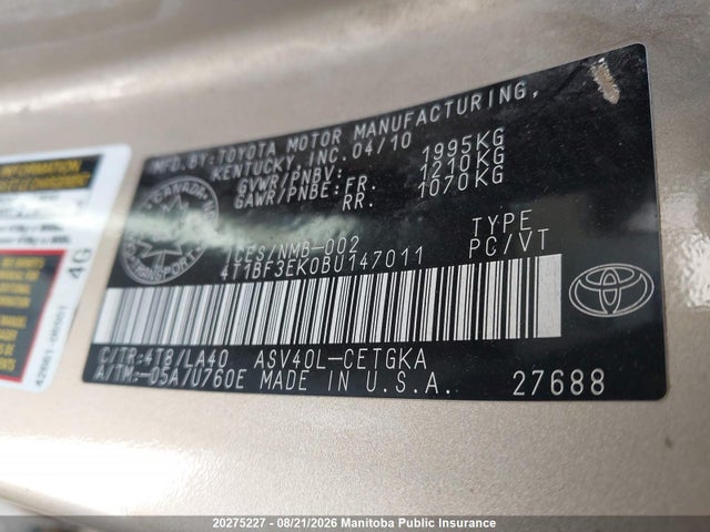 2011 Toyota Camry Xle მანქანა იყიდება აუქციონზე, vin: 4T1BF3EK0BU147011, აუქციონის ნომერი: 20275227