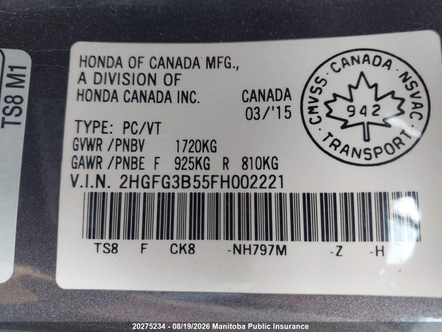 2HGFG3B55FH002221 Honda CIVIC EX