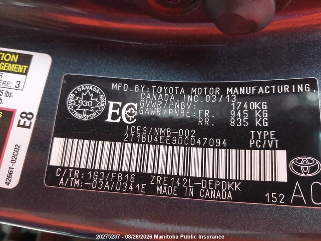 2013 Toyota Corolla Ce მანქანა იყიდება აუქციონზე, vin: 2T1BU4EE9DC047094, აუქციონის ნომერი: 20275237