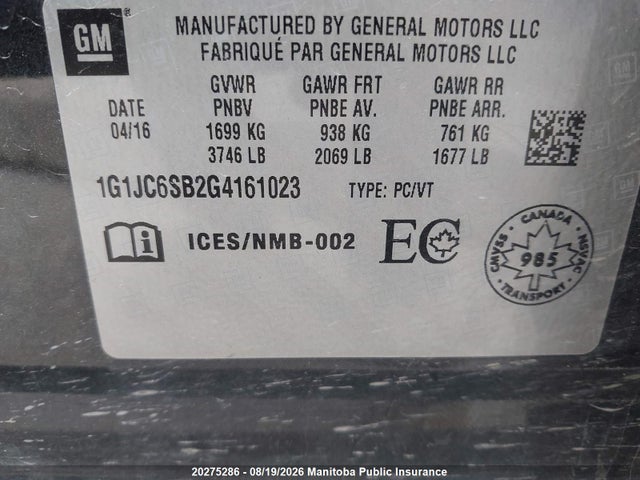 Chevrolet SONIC LS 2016 1G1JC6SB2G4161023 Image 8