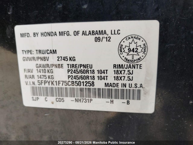 Aukcja sprzedaży 2012 Honda Ridgeline Sport, vin: 5FPYK1F75CB501258, numer aukcji: 20275290