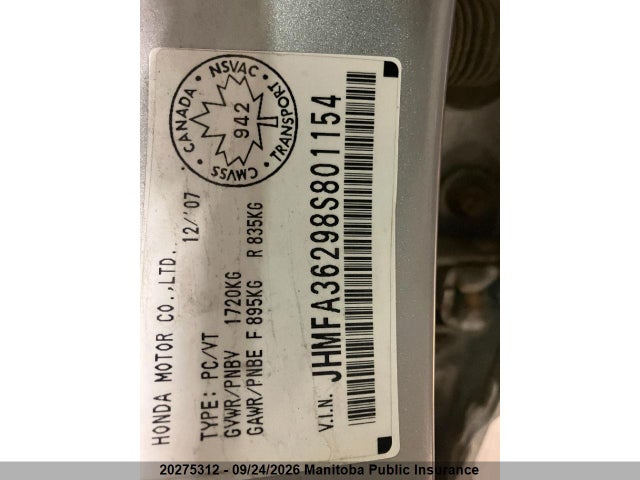 20275312 :رقم المزاد ، JHMFA36298S801154 vin ، 2008 Honda Civic Hybrid مزاد بيع
