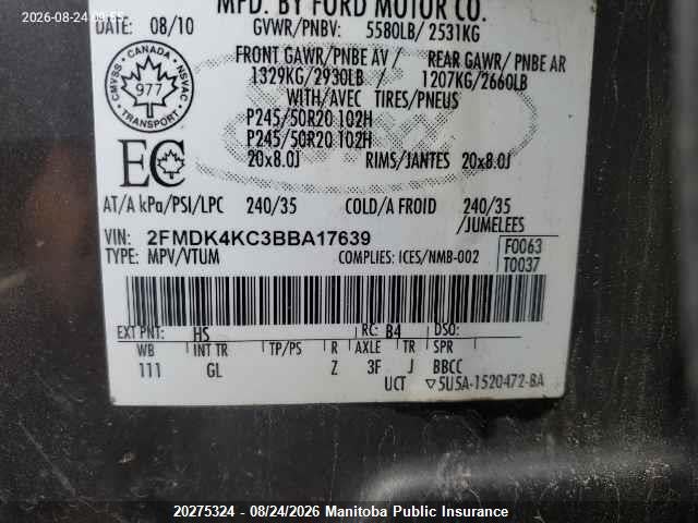 Продаж на аукціоні авто 2011 Ford Edge Limited, vin: 2FMDK4KC3BBA17639, номер лоту: 20275324