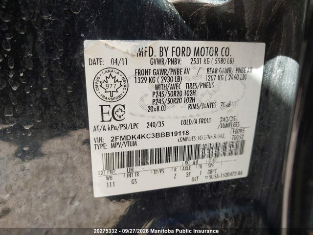 Продаж на аукціоні авто 2011 Ford Edge Limited, vin: 2FMDK4KC3BBB19118, номер лоту: 20275332