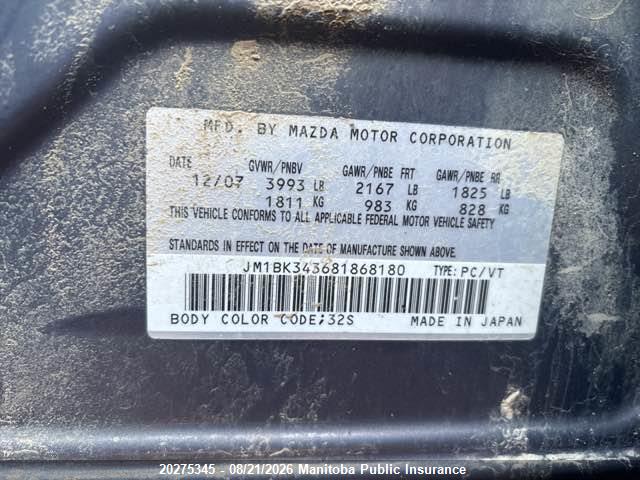 2008 Mazda 3 Mazda Sport Gt მანქანა იყიდება აუქციონზე, vin: JM1BK343681868180, აუქციონის ნომერი: 20275345