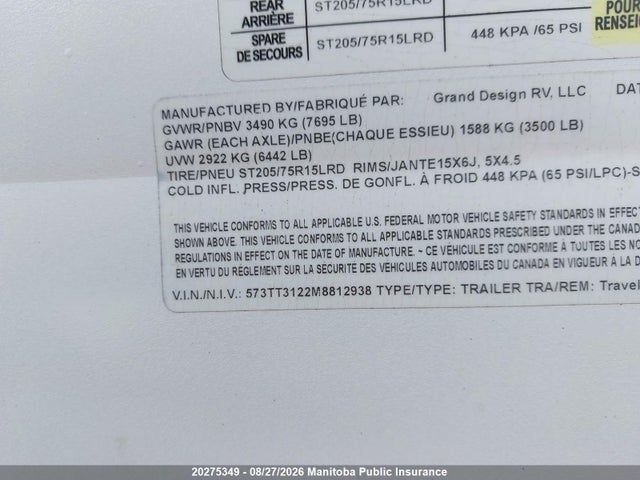 20275349 :رقم المزاد ، 573TT3122M8812938 vin ، 2021 Grande Design Travel Trailer مزاد بيع