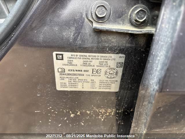 20275352 :رقم المزاد ، 2GNALBEK2D6378584 vin ، 2013 Chevrolet Equinox Ls مزاد بيع