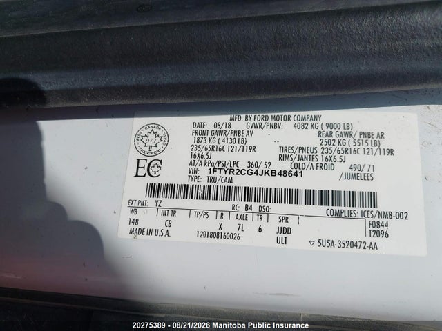 Ford Transit 250 Wb 148 Cargo Van 2018 1FTYR2CG4JKB48641 Image 9