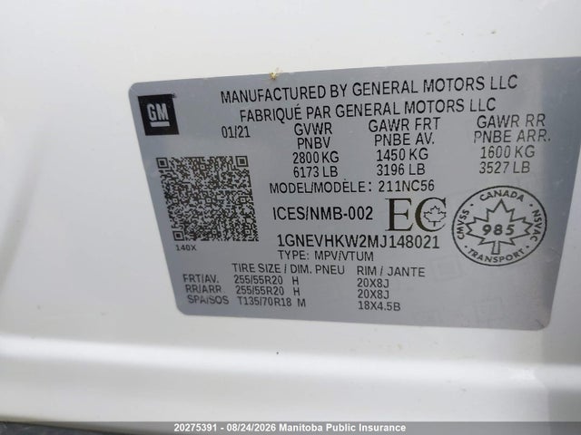1GNEVHKW2MJ148021 Chevrolet Traverse Lt