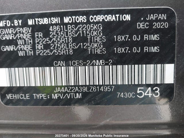 Продаж на аукціоні авто 2020 Mitsubishi Outlander Ex, vin: JA4AZ2A39LZ614957, номер лоту: 20275401