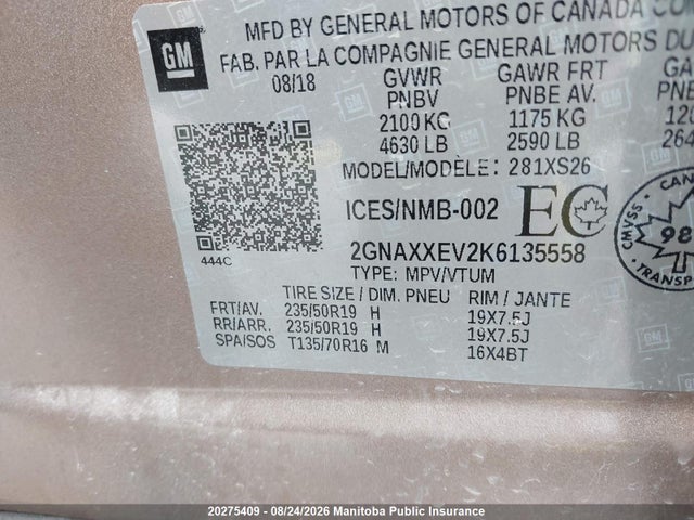 20275409 :رقم المزاد ، 2GNAXXEV2K6135558 vin ، 2019 Chevrolet Equinox Lt مزاد بيع